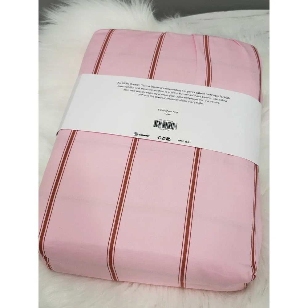 NEW Hommey 100% Organic Cotton ROSE Striped King Size Fitted Sheet